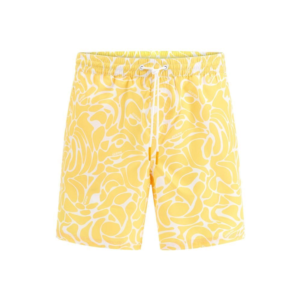 GUESS Men's Standard Swim Trunk Medium Bali AOP, Abstract Yellow White, Small
